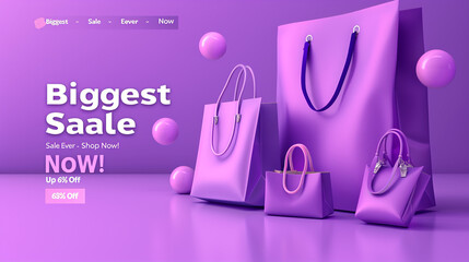 A tranquil lavender backdrop with vibrant purple text declaring "Biggest Sale Ever - Shop Now!" and "Up to 65% Off" in eye-catching font.