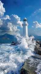 A white lighthouse on the rocky shore, waves crashing against it, blue sky, yellow light inside its - 795071509