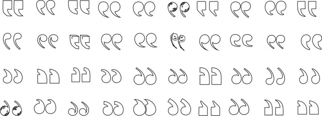 diverse quotation marks. Line art symbols for typography, dialogue, and text. Simple to ornate styles on a white background