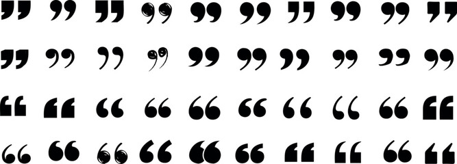 Collection of diverse quotation marks, black symbols on white, mix of solid and calligraphic styles, single and double quotes. Ideal for typography, writing, and language related content