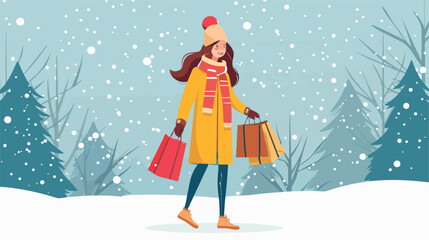 Winter sale girl with shopping bags in winter. Cute illustration