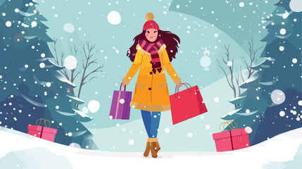 Winter sale girl with shopping bags in winter. Vector