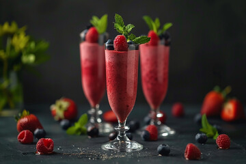 Freshly blended berry smoothies with organic strawberries, blueberries, and raspberries, topped with mint, in elegant glasses