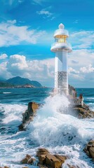 A white lighthouse on the rocky shore, waves crashing against it, blue sky, yellow light inside its - 795072543