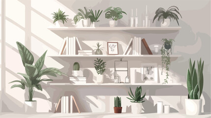 White shelving unit with decor and houseplants in sty - obrazy, fototapety, plakaty