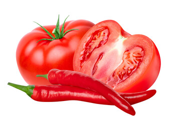 Spicy Chili peppers and tomatoes isolated on white or transparent background. Ingredients for hot sauce with red chilli peppers and tomatoes