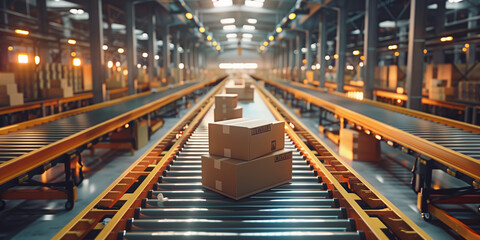 Packages move efficiently on a conveyor belt system within a modern distribution center's warehouse.