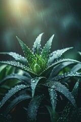 Fototapeta premium Close up of vibrant, green aloe vera leaves with glistening droplets, capturing their fresh moisture