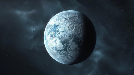 A large planet with a blue surface and a white spot in the middle. The planet is surrounded by a dark sky with many stars