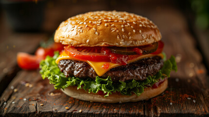 Juicy beef cheeseburger with lettuce, tomato, and pickles on a sesame bun, presented on a rustic wooden surface.