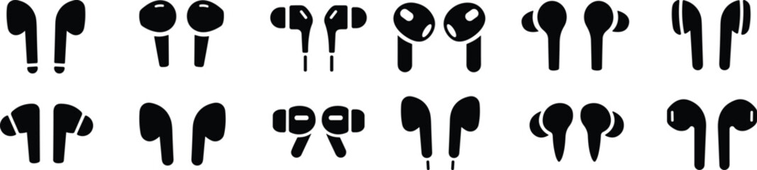 Hand Free icon set. Headphones wireless earphones flat icon collection. Headset silhouette. Handfree group.
