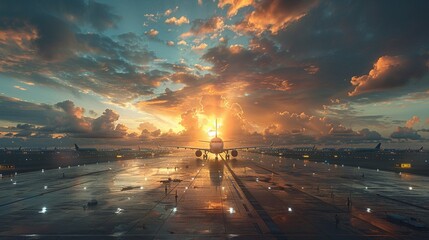 Airport terminal road, a journey's beginning under soaring planes - obrazy, fototapety, plakaty