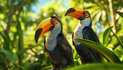 Colorful toucans in the rainforest. Full body view.