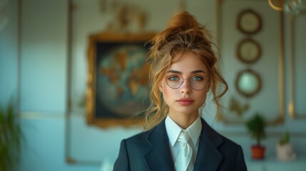 Woman dressed in a business suit, captured in a classic Renaissance portrait style with soft lighting and a neutral background