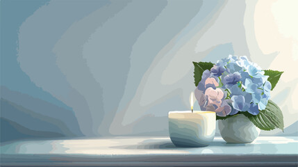 Hydrangea flowers and candle on table near light wall