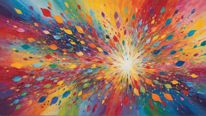 Vivid abstract painting depicting a kaleidoscopic color burst. Energetic and dynamic composition.