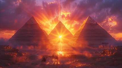 landscape of pyramids and desert in sunset time