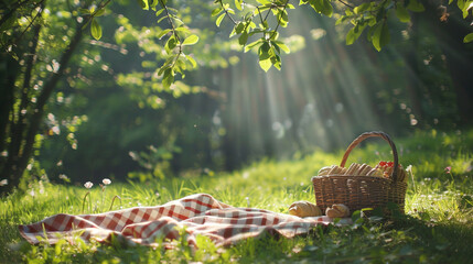 A cozy picnic spot nestled under a leafy canopy, with sunlight streaming through the trees, illuminating a checkered picnic blanket and a wicker basket filled with goodies.