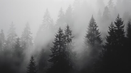 A black and white photo of a forest with fog, AI