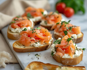 Bruschetta with salmon on marble board. Food and appetizers. Mediterranean cuisine. Fish and health. 