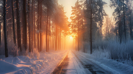 Road with frost-covered trees in winter forest at fogg