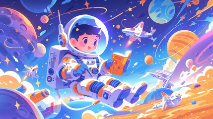 Fototapeta premium A cute little astronaut explores colorful planets in space in the style of a cartoon. 