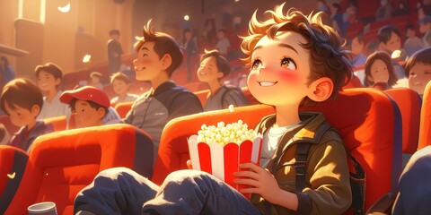 Obraz na płótnie Canvas A cute little boy with curly hair smiles while watching a movie in the cinema, sitting on a red velvet seat and eating popcorn.