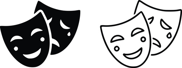Theatrical masks icon. Comedy and tragedy theatrical masks icons. Comic and tragic mask. Masquerade collection. Happy and unhappy traditional symbol - obrazy, fototapety, plakaty