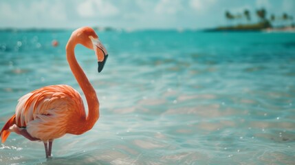 A flamingo is standing in the water near a palm tree