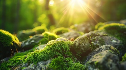 Beautiful nature scene with moss on rocks in a forest at sunrise
