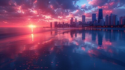 Chicago skyline at dusk, city lights reflecting off the lake
