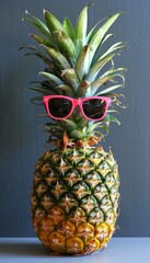 Trendy pineapple with sunglasses and sunblock on soft colored backdrop, perfect for text placement