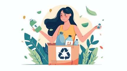 Woman sorting plastic garbage. Female character holds