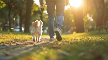 A person is walking a dog in a park