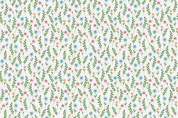 Seamless pattern with cute coloed plants on a light grey background.