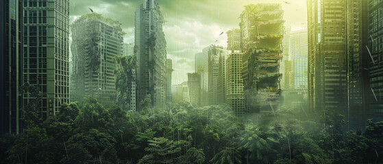 Desolate cityscape reclaimed by lush greenery, hinting at the resilience of nature in v6 style.