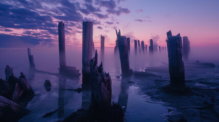the twilight magic as wood posts stand like ethereal sculptures, their forms gracefully revealed through a long exposure shot. The HD camera immortalizes this enchanting and mysterious scene.