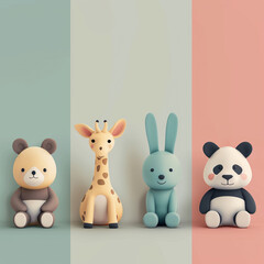 soft toys in a row 3D on a neutral background, banner for a children's website