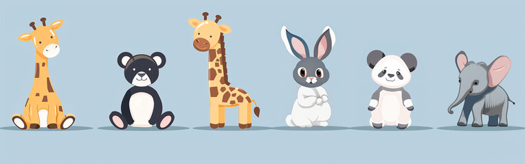 soft toys in a row on a neutral background, banner for a children's website - obrazy, fototapety, plakaty