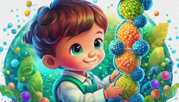 oil painting style cartoon character cute baby boy molecular biologist analyzing dna structure in a lab