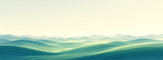 A digital art piece of green hills, rendered in the style of a soft gradient with a light background and a focus on the contrast between dark lines and bright highlights. 