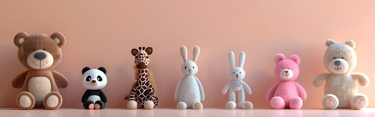 soft toys in a row 3D on a neutral background, banner for a children's website