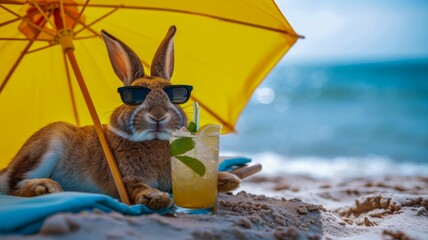 A rabbit in human clothes lies on a sunbathe on the beach, on a sun lounger, under a bright sun umbrella, drinks a mojito with ice from a glass glass with a straw, smiles, summer tones, bright rich co