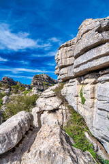 Karst landscape of Torcal de Antequera in Andalusia. Large valley with Mediterranean vegetation...