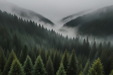 Evergreen forest view from overhead fog rolling in loo
