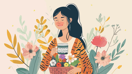 Woman with coffee cup and spring flowers in basket.