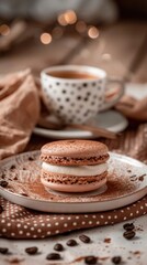 Obraz na płótnie Canvas A delicate macaron with a coffee powder dusting, placed on an elegant white plate and set against the backdrop tablecloth with a steaming cup of black or latte espresso,