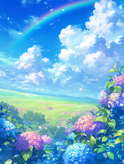 虹の架かった青空と紫陽花の背景　Generative AI