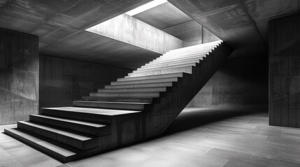 A black and white photo of a stairway in an empty room, AI