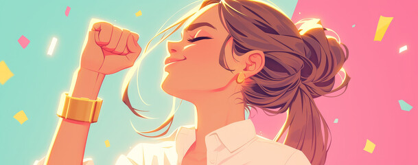 A confident young woman in office attire, raising her fist with determination and energy against an pastel background.